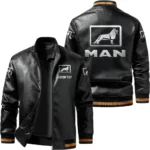 Vintage MAN Trucks Exclusive Logo Leather Jacket, Classic Ribbed Collar Striped Cuffs, Custom Name TN160325Y12LJ93CT2MAN