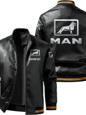 Vintage MAN Trucks Exclusive Logo Leather Jacket, Classic Ribbed Collar Striped Cuffs, Custom Name TN160325Y12LJ93CT2MAN