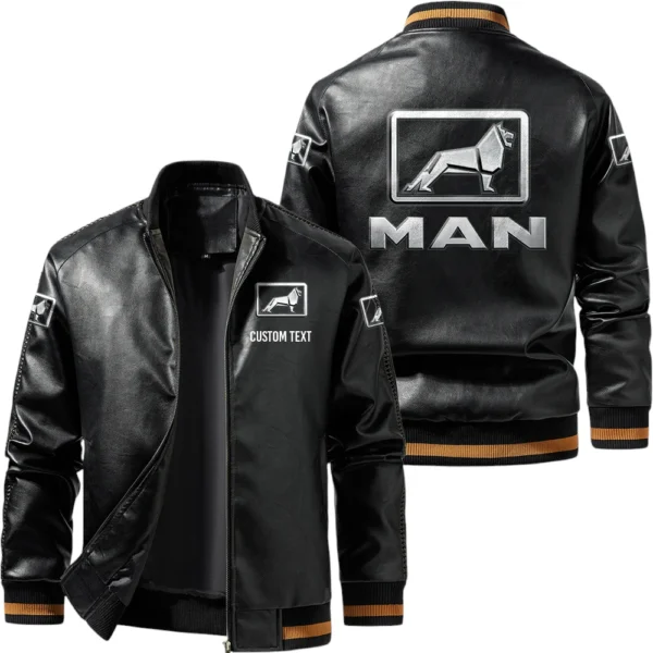 Vintage MAN Trucks Exclusive Logo Leather Jacket, Classic Ribbed Collar Striped Cuffs, Custom Name TN160325Y12LJ93CT2MAN