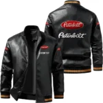 Vintage Peterbilt Exclusive Logo Leather Jacket, Classic Ribbed Collar Striped Cuffs, Custom Name TN160325Y12LJ93CT2PET