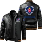 Vintage Scania Exclusive Logo Leather Jacket, Classic Ribbed Collar Striped Cuffs, Custom Name TN160325Y12LJ93CT2SCA