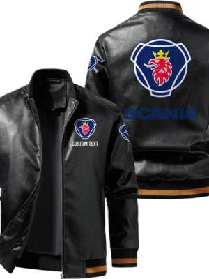 Vintage Scania Exclusive Logo Leather Jacket, Classic Ribbed Collar Striped Cuffs, Custom Name TN160325Y12LJ93CT2SCA