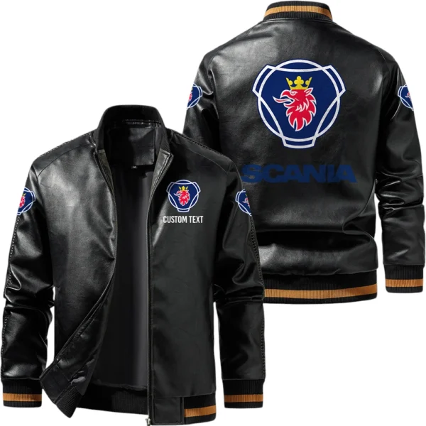 Vintage Scania Exclusive Logo Leather Jacket, Classic Ribbed Collar Striped Cuffs, Custom Name TN160325Y12LJ93CT2SCA