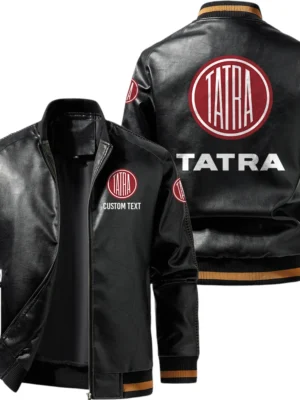 Vintage Tatra Exclusive Logo Leather Jacket, Classic Ribbed Collar Striped Cuffs, Custom Name TN160325Y12LJ93CT2TAT