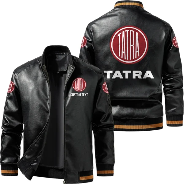 Vintage Tatra Exclusive Logo Leather Jacket, Classic Ribbed Collar Striped Cuffs, Custom Name TN160325Y12LJ93CT2TAT