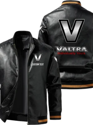 Vintage Valtra Exclusive Logo Leather Jacket, Classic Ribbed Collar Striped Cuffs, Custom Name TN160325Y12LJ93CT2VAT