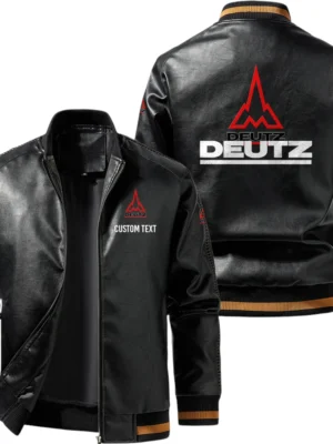 Vintage Deutz Fahr Exclusive Logo Leather Jacket, Classic Ribbed Collar Striped Cuffs, Custom Name TN160325Y12LJ93CT3DEF