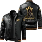 Vintage Scania V8 Exclusive Logo Leather Jacket, Classic Ribbed Collar Striped Cuffs, Custom Name TN160325Y12LJ93CT3SCA