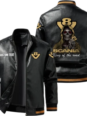 Vintage Scania V8 Exclusive Logo Leather Jacket, Classic Ribbed Collar Striped Cuffs, Custom Name TN160325Y12LJ93CT3SCA