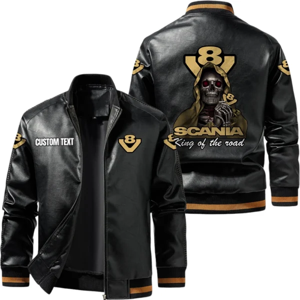 Vintage Scania V8 Exclusive Logo Leather Jacket, Classic Ribbed Collar Striped Cuffs, Custom Name TN160325Y12LJ93CT3SCA