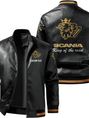 Vintage Scania V8 Exclusive Logo Leather Jacket, Classic Ribbed Collar Striped Cuffs, Custom Name TN160325Y12LJ93CT4SCA