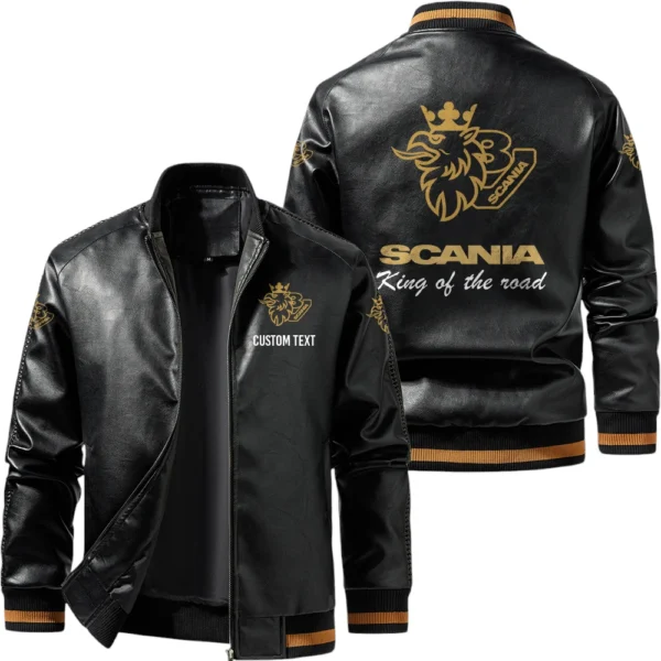 Vintage Scania V8 Exclusive Logo Leather Jacket, Classic Ribbed Collar Striped Cuffs, Custom Name TN160325Y12LJ93CT4SCA