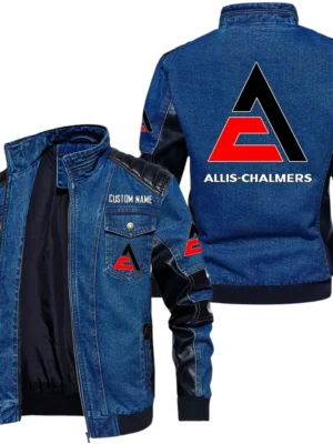 Vintage Allis Chalmers Denim Jacket Sleeve PU Leather, Stand Collar Multi Pockets Custom Name TN140325Y34J91BLALC