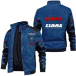 Vintage CLAAS Denim Jacket Sleeve PU Leather, Stand Collar Multi Pockets Custom Name TN140325Y34J91BLCLA