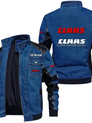 Vintage CLAAS Denim Jacket Sleeve PU Leather, Stand Collar Multi Pockets Custom Name TN140325Y34J91BLCLA