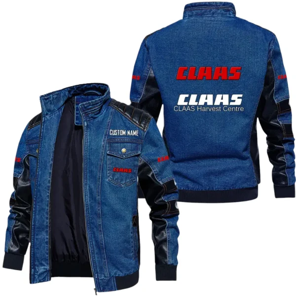 Vintage CLAAS Denim Jacket Sleeve PU Leather, Stand Collar Multi Pockets Custom Name TN140325Y34J91BLCLA