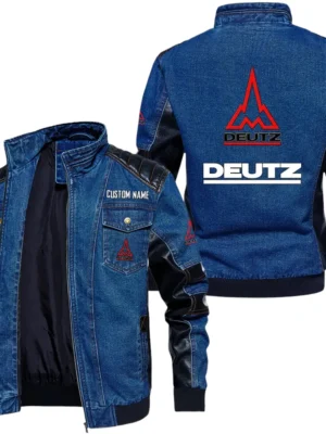 Vintage Deutz Denim Jacket Sleeve PU Leather, Stand Collar Multi Pockets Custom Name TN140325Y34J91BLCT2DEF