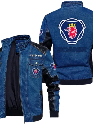 Vintage Scania Denim Jacket Sleeve PU Leather, Stand Collar Multi Pockets Custom Name TN140325Y34J91BLCT2SCA