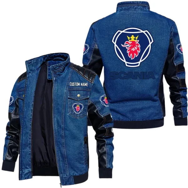 Vintage Scania Denim Jacket Sleeve PU Leather, Stand Collar Multi Pockets Custom Name TN140325Y34J91BLCT2SCA