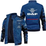 Vintage DAF Denim Jacket Sleeve PU Leather, Stand Collar Multi Pockets Custom Name TN140325Y34J91BLDAF