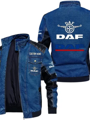Vintage DAF Denim Jacket Sleeve PU Leather, Stand Collar Multi Pockets Custom Name TN140325Y34J91BLDAF
