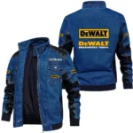Vintage DeWalt Denim Jacket Sleeve PU Leather, Stand Collar Multi Pockets Custom Name TN140325Y34J91BLDEW