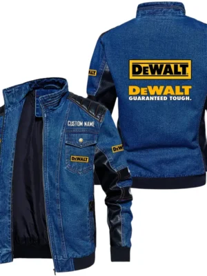 Vintage DeWalt Denim Jacket Sleeve PU Leather, Stand Collar Multi Pockets Custom Name TN140325Y34J91BLDEW