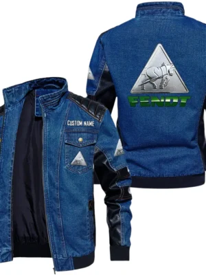 Vintage Fendt Denim Jacket Sleeve PU Leather, Stand Collar Multi Pockets Custom Name TN140325Y34J91BLFEN