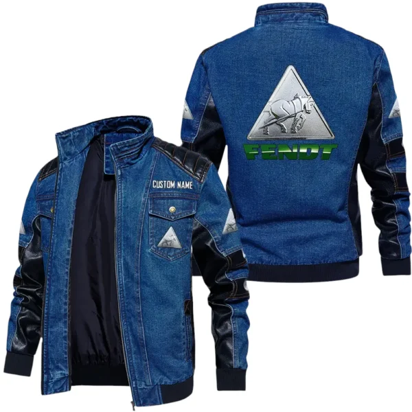 Vintage Fendt Denim Jacket Sleeve PU Leather, Stand Collar Multi Pockets Custom Name TN140325Y34J91BLFEN