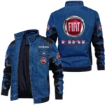 Vintage Fiat Denim Jacket Sleeve PU Leather, Stand Collar Multi Pockets Custom Name TN140325Y34J91BLFIA