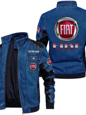 Vintage Fiat Denim Jacket Sleeve PU Leather, Stand Collar Multi Pockets Custom Name TN140325Y34J91BLFIA