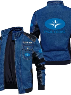 Vintage Polaris Denim Jacket Sleeve PU Leather, Stand Collar Multi Pockets Custom Name TN140325Y34J91BLFOL
