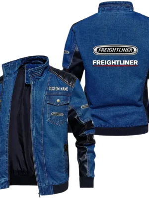 Vintage Freightliner Denim Jacket Sleeve PU Leather, Stand Collar Multi Pockets Custom Name TN140325Y34J91BLFRE