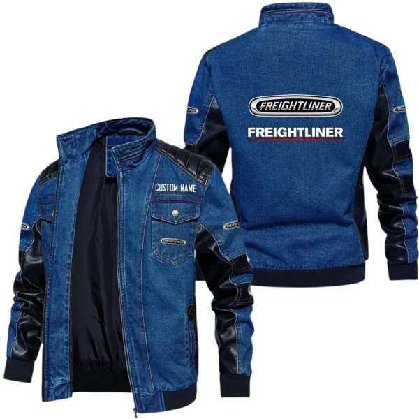 Vintage Freightliner Denim Jacket Sleeve PU Leather, Stand Collar Multi Pockets Custom Name TN140325Y34J91BLFRE
