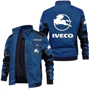 Vintage Iveco Denim Jacket Sleeve PU Leather, Stand Collar Multi Pockets Custom Name TN140325Y34J91BLIVE