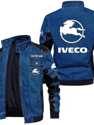 Vintage Iveco Denim Jacket Sleeve PU Leather, Stand Collar Multi Pockets Custom Name TN140325Y34J91BLIVE