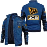 Vintage JCB Denim Jacket Sleeve PU Leather, Stand Collar Multi Pockets Custom Name TN140325Y34J91BLJCB