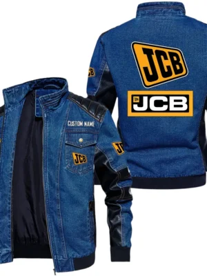 Vintage JCB Denim Jacket Sleeve PU Leather, Stand Collar Multi Pockets Custom Name TN140325Y34J91BLJCB