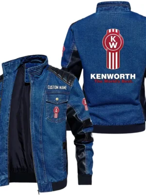 Vintage Kenworth Truck Denim Jacket Sleeve PU Leather, Stand Collar Multi Pockets Custom Name TN140325Y34J91BLKEN
