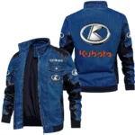 Vintage Kubota Denim Jacket Sleeve PU Leather, Stand Collar Multi Pockets Custom Name TN140325Y34J91BLKUB