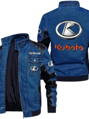 Vintage Kubota Denim Jacket Sleeve PU Leather, Stand Collar Multi Pockets Custom Name TN140325Y34J91BLKUB