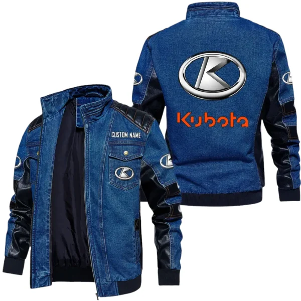 Vintage Kubota Denim Jacket Sleeve PU Leather, Stand Collar Multi Pockets Custom Name TN140325Y34J91BLKUB