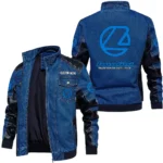 Vintage Landini Denim Jacket Sleeve PU Leather, Stand Collar Multi Pockets Custom Name TN140325Y34J91BLLAN