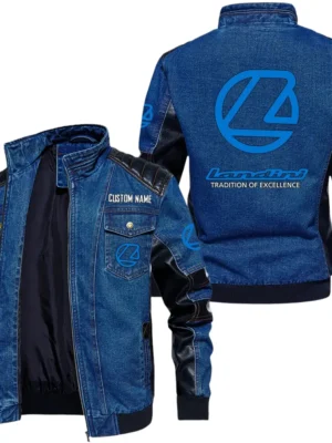 Vintage Landini Denim Jacket Sleeve PU Leather, Stand Collar Multi Pockets Custom Name TN140325Y34J91BLLAN