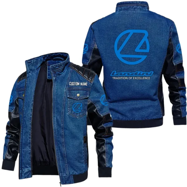 Vintage Landini Denim Jacket Sleeve PU Leather, Stand Collar Multi Pockets Custom Name TN140325Y34J91BLLAN