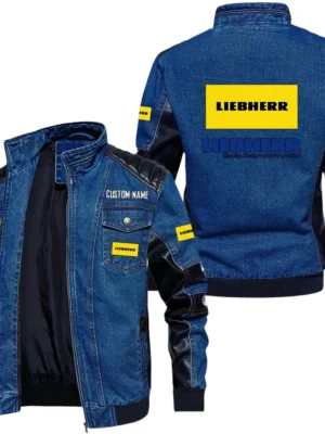 Vintage Liebherr Denim Jacket Sleeve PU Leather, Stand Collar Multi Pockets Custom Name TN140325Y34J91BLLIE