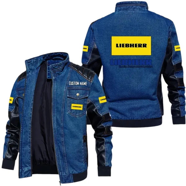 Vintage Liebherr Denim Jacket Sleeve PU Leather, Stand Collar Multi Pockets Custom Name TN140325Y34J91BLLIE