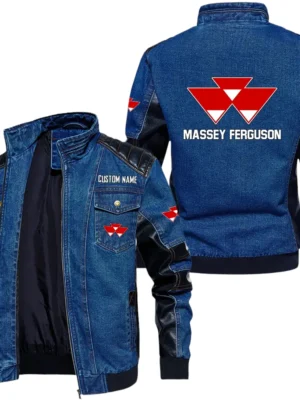 Vintage Massey Ferguson Denim Jacket Sleeve PU Leather, Stand Collar Multi Pockets Custom Name TN140325Y34J91BLMAF