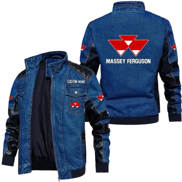 Vintage Massey Ferguson Denim Jacket Sleeve PU Leather, Stand Collar Multi Pockets Custom Name TN140325Y34J91BLMAF