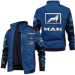 Vintage MAN Truck Denim Jacket Sleeve PU Leather, Stand Collar Multi Pockets Custom Name TN140325Y34J91BLMAN